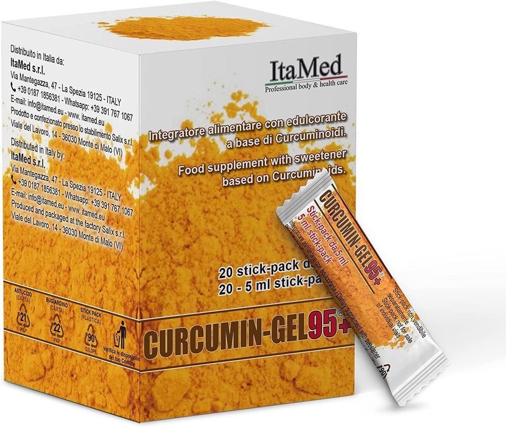 Denamed gurkmeja Curcumin Supplement Gel - 95 + Curcumin Powder med HGC-C Complex, organisk formel, 20 Stick-Packs (5ml Varje), gurkmeja Curcumin för förbättrad biotillgänglighet