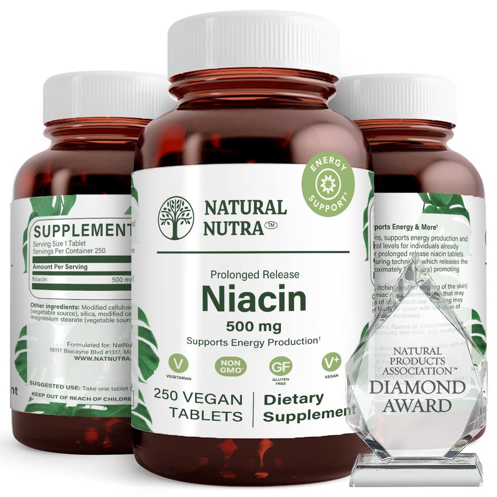 Natural Nutra Time-Release Slow Niacin 500mg (Vitamin B3), Tuki Terve Kolesteroli, Edistää Kardiovaskulaarisia terveyttä, edistää ihosoluja ja parantaa kognitiivista toimintaa, 250 vegaanista tablettia
