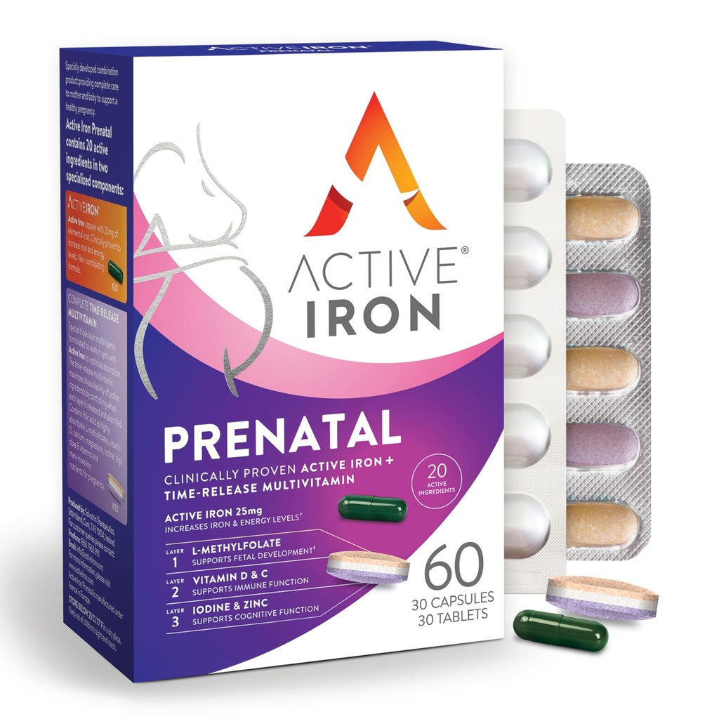 Active Iron Prenatal, järntillskott + Prenatal Vitaminer för kvinnor, 30 icke-konstiperande kapslar + 30 Time-Release Multivitaminer, Graviditet, Amning & Postpartum Essentials