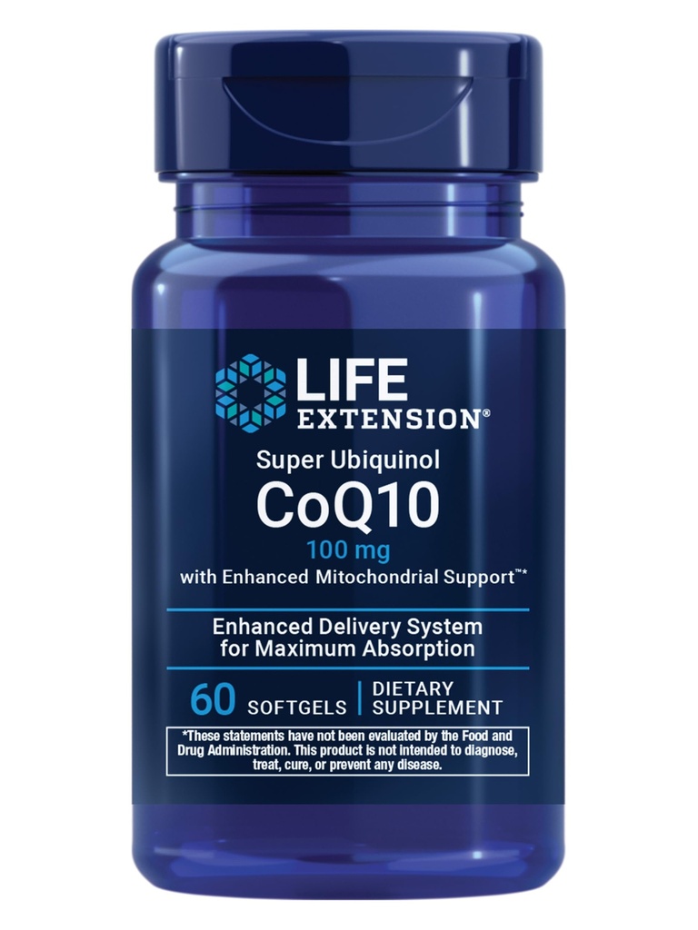 Life Extension Super Ubiquinol CoQ10 med förbättrad Mitochondrial Support, Potent Heart Health & Cellular Energy Production Support, Ultra-absorbable, Gluten-Free, Non-GMO, 100 mg, 60 softgels