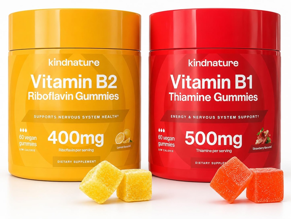 pleature B-vitamin Boost: B1 Thiamiini 500 mg & B2 Riboflaviini 400 mg Gummy Duo lapsille & aikuisille