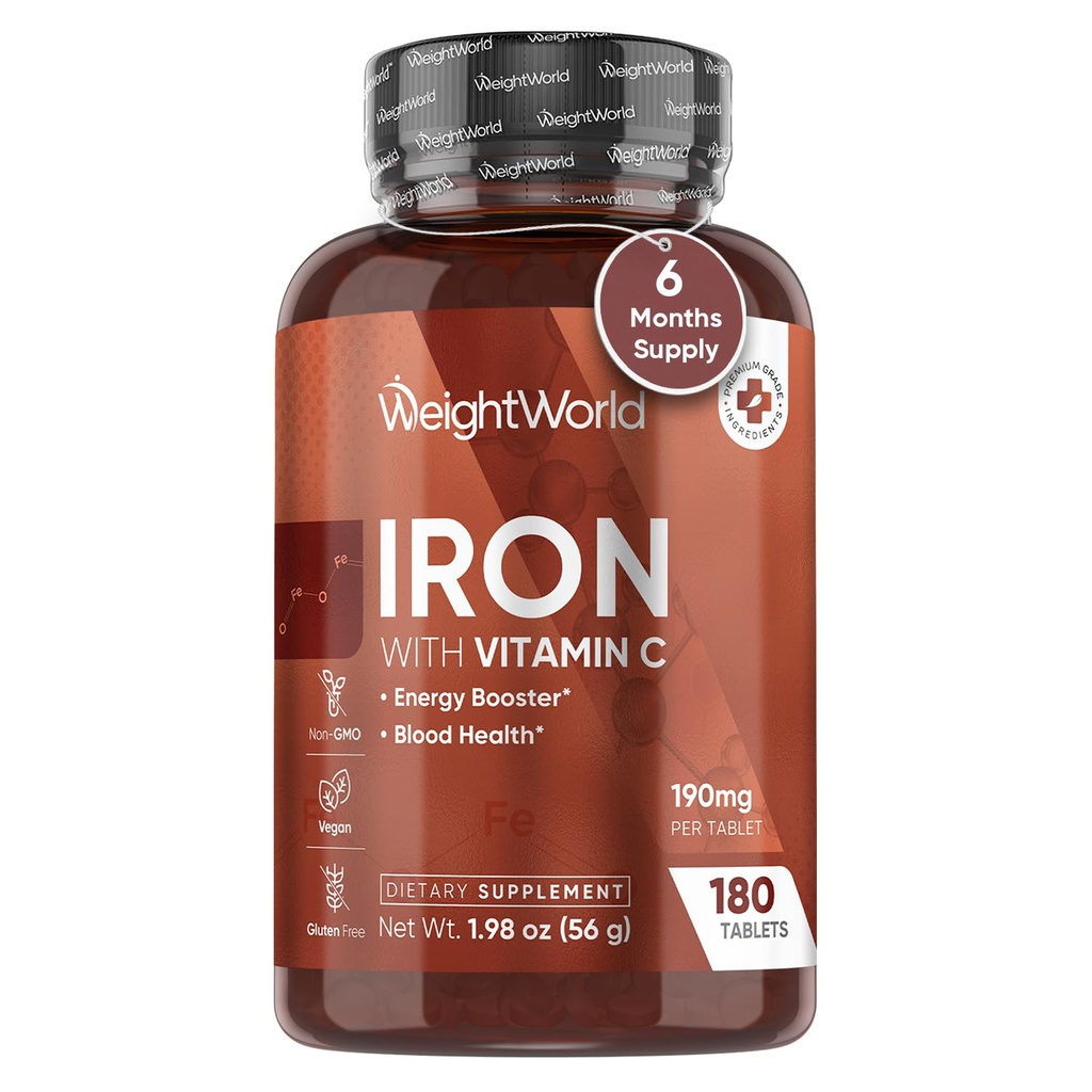 WeightWorld Iron Supplement 65mg - med vitamin C 125mg - 180 Vegan tabletter (6 månader Supply) - Gentle Carbonyl Iron Supplement för kvinnor och män - Energi Booster & Blod Heath - Non-GMO & Gluten-Free