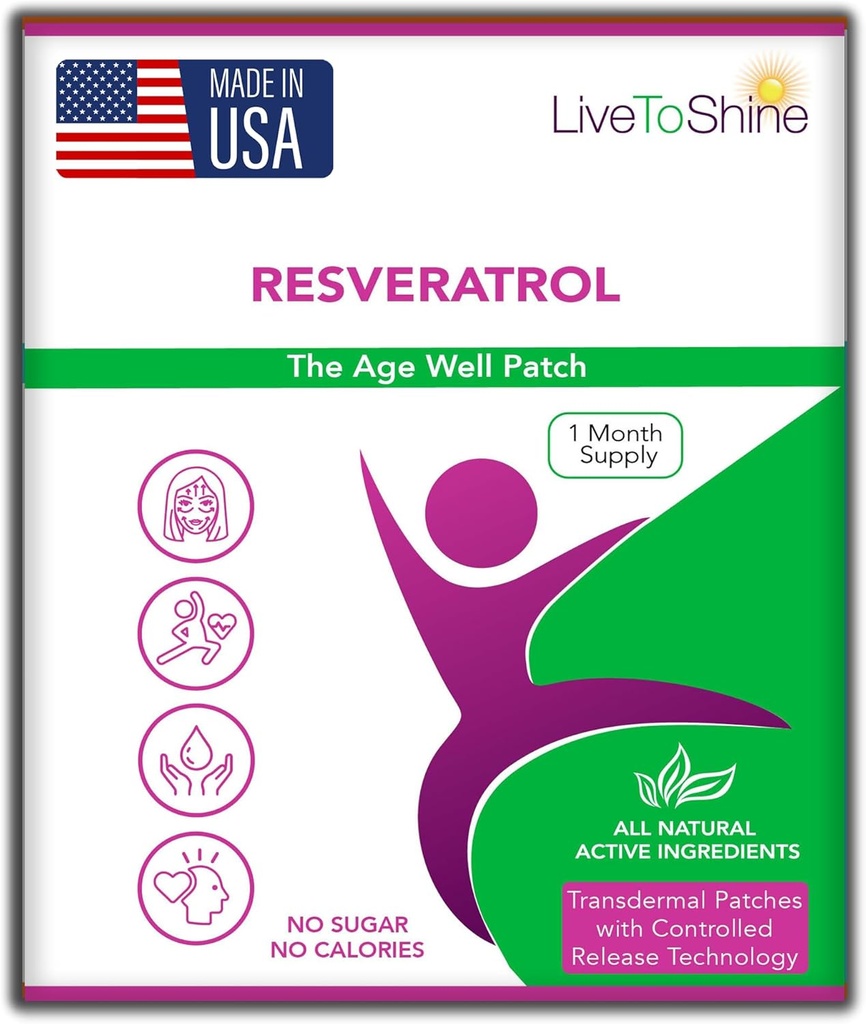 Live to Shine Resveratrol Patch - Transdermaalinen Topical Plant-Based antioksidantti tuki Terve ikääntyminen ja hyvinvointi - 30 paikkaa naisille ja miehille - USA Made