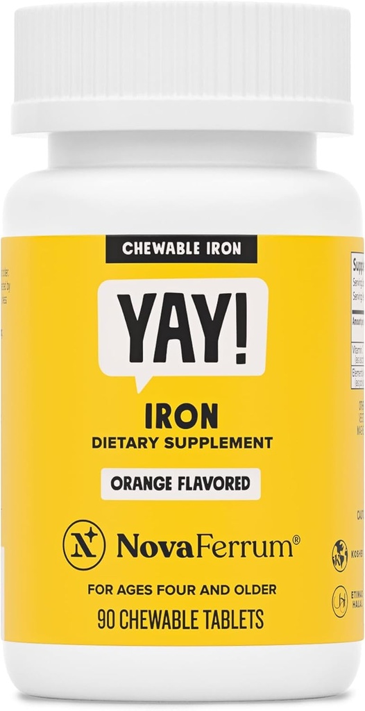 NovaFerrum Yay | Chewable Iron Supplement för barn & vuxna åldrar 4 och över | 18mg järn | 90 portioner | Sugar Free | Vegan | Gluten Free | Orange smak