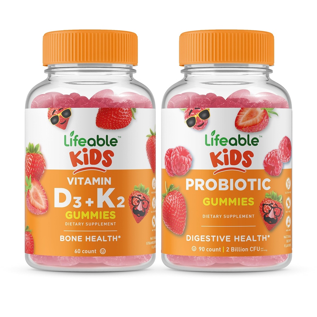 Livlig vitamin D3 + Vitamin K2 Kids + Probiotic 2 miljarder CFU Kids, Gummies Bundle - Great Tasting, Vitamin Supplement, Gluten Free, GMO Free, Chewable Gummy