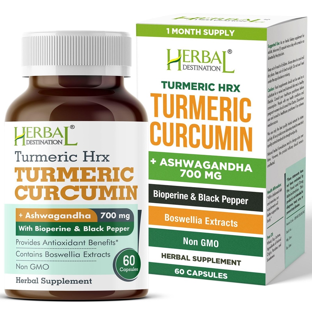 Gurkmeja Supplement Hrx- Immune Supplement, Metabolism Booster Joint Support Supplement med gurkmeja Curcumin, Boswellia, Curcuma & Black Pepper Extract - 60 kapslar