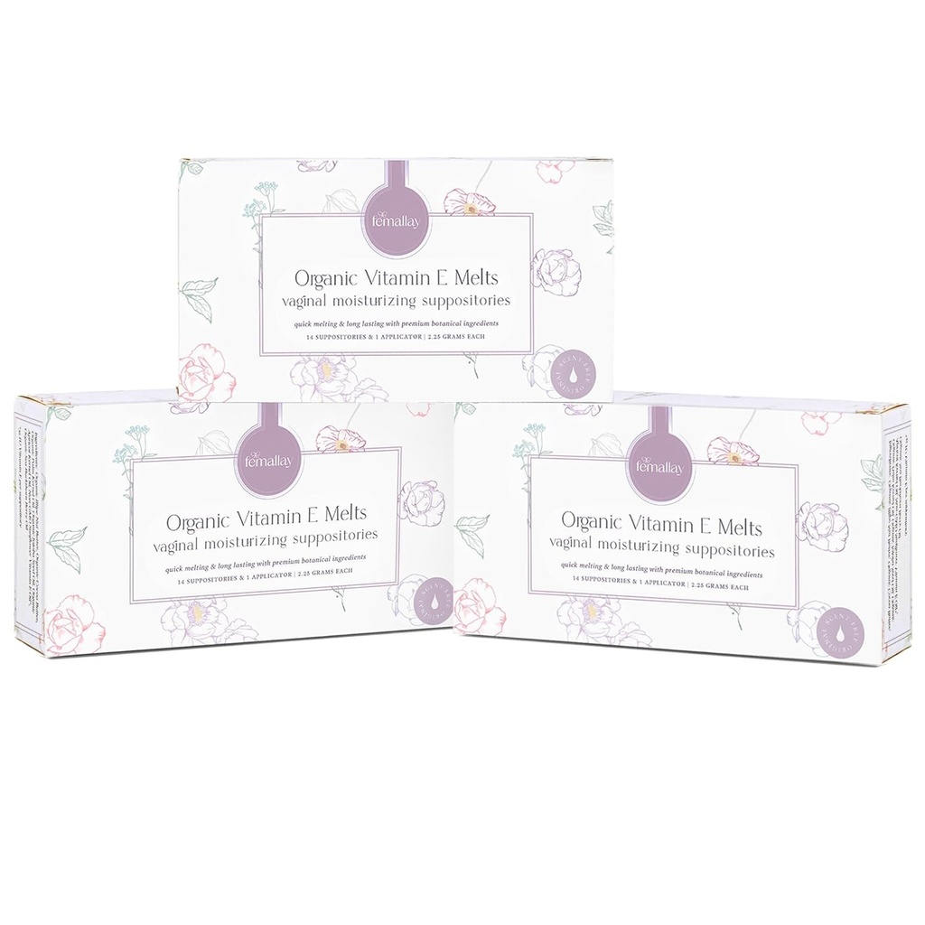 Femallay Organic Vitamin E Vaginal Melts - 3 Pack - Relief för klimakteriet Dryness & Irritation - 14 greve + Applikator