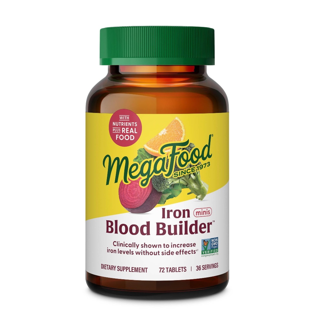 MegaFood Blood Builder Iron Supplement for Women & Men - nostaa rautatasoja ilman sivuvaikutuksia - Taistelee väsymys - B12-vitamiini, Foolihappo ja C-vitamiini - Vegaani - 72 Mini tabletit (36 tarjoilua)