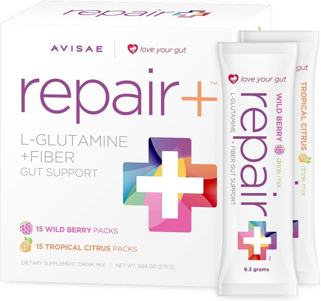 Korjaus + l-glutamiini + Fiber 30 Stick Packs Rakasta Gut! Avisae Optimal Nutrition Repair+ l-glutamiini + kuitujuoma