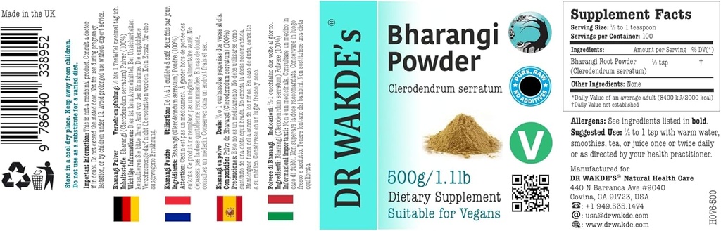 DR WAKDE'S Bharangi Powder (Clerodendrum serratum) - 500g (1.1lb) | Pure, Raw & Dried Powder | Natural Aroma and Freshness | Fint pulver | Vegan | Premium Grade | Inget tillagt, inget borttaget
