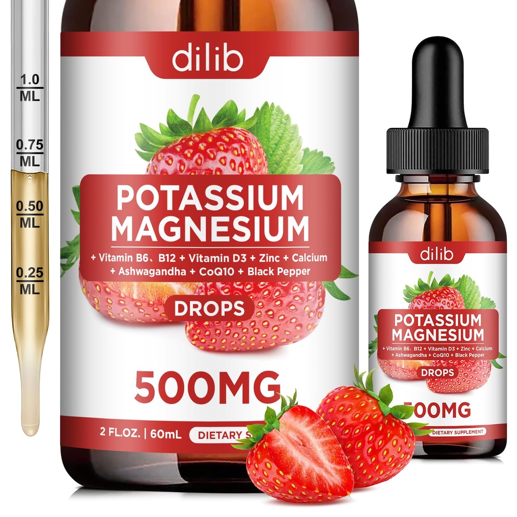 Kalium Magnesium Citrate Supplement, Liquid Magnesium Citrate Drops 500mg med Ashwagandha, Calcium, Zink, Vitamin D3, B6, B12, CoQ10 - Support Calm & Bone & Muscle & Immune Health Vegan 2 fl oz