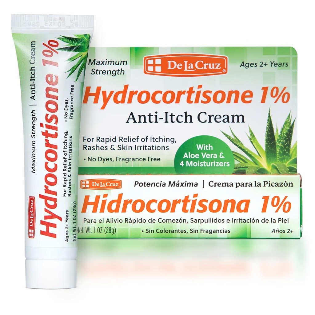 De La Cruz 1% Hydrocortisone Cream - Maximal styrka - Ämne Anti Itch Hydrocortisone Cream med Aloe Vera och Moisturizers för Torr hud, Rödhet, Dermatit, Eczema och Rashes - 1 OZ (28g)