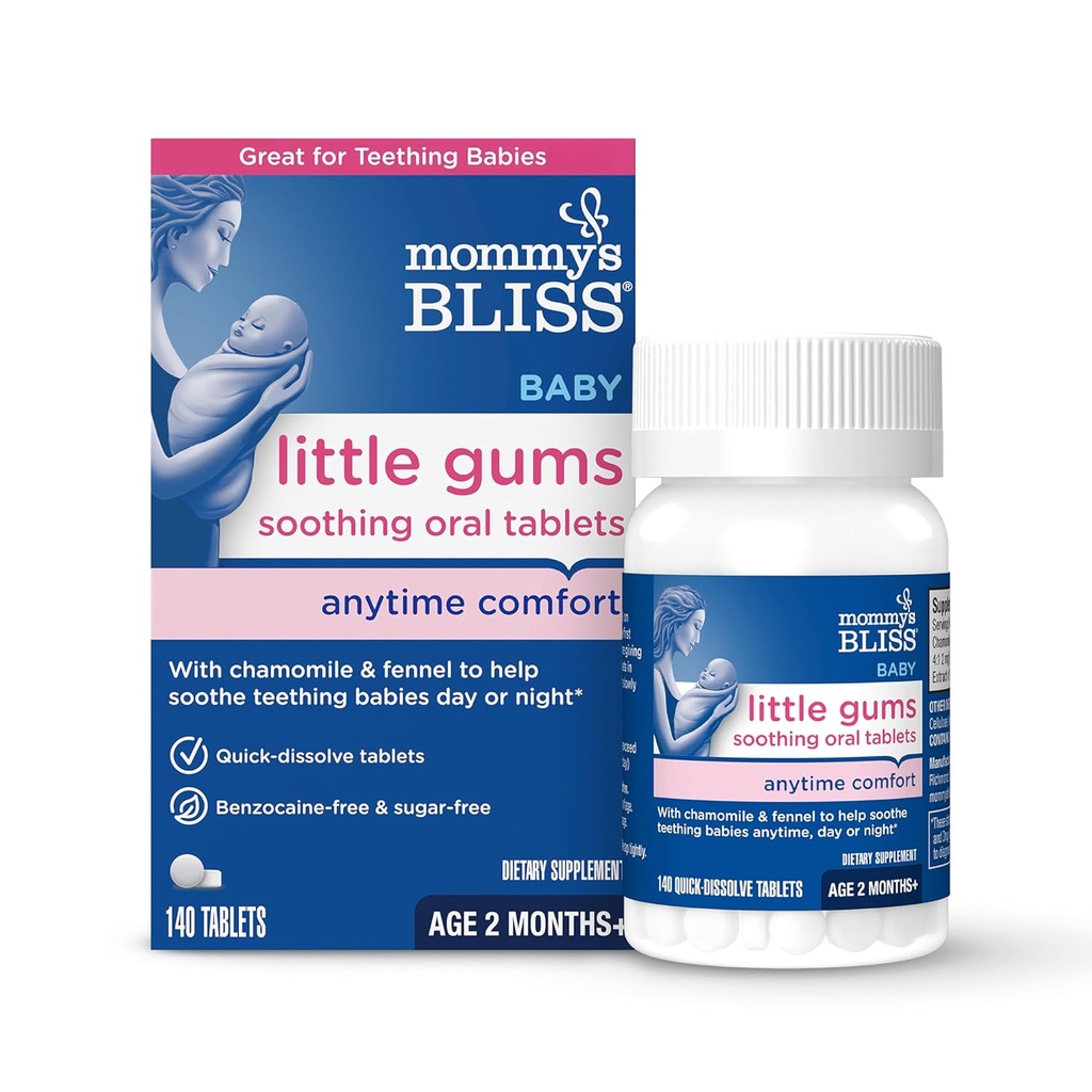 Äidin Bliss Little Gums Rauhoittavat Oraaliset tabletit, mainio hampaattomat vauvat, bentsokaiiniton ja sokeriton, 2 kuukautta +, 1 pullo (140 tablettia)