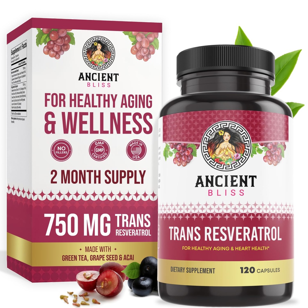 Forntida Bliss Resveratrol Kraftfull Antioxidant Supplement med grönt te, Grape Seed Extract för hälsosam åldrande för män och kvinnor