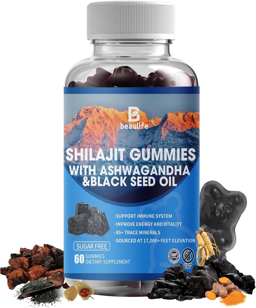 Shilajit Gummies, Shilajit, Resin, 85+ Trace Minerals, Fulvic Acid, Phytonutrients, C-vitamiini, D, B12, Ashwagandha, Chaga Mushroom, Turmeric, for Energy, Immunosupport