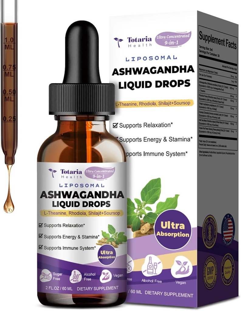 Totaria Liposomal Ashwagandha Liquid Drops w/Shilajit, Magnesium, Soursop, L-Theanine, Ultra Extact Ashwagandha Root Extract | 7% Withanolides | Alkoholfri | Non-GMO | för Män & Kvinnor