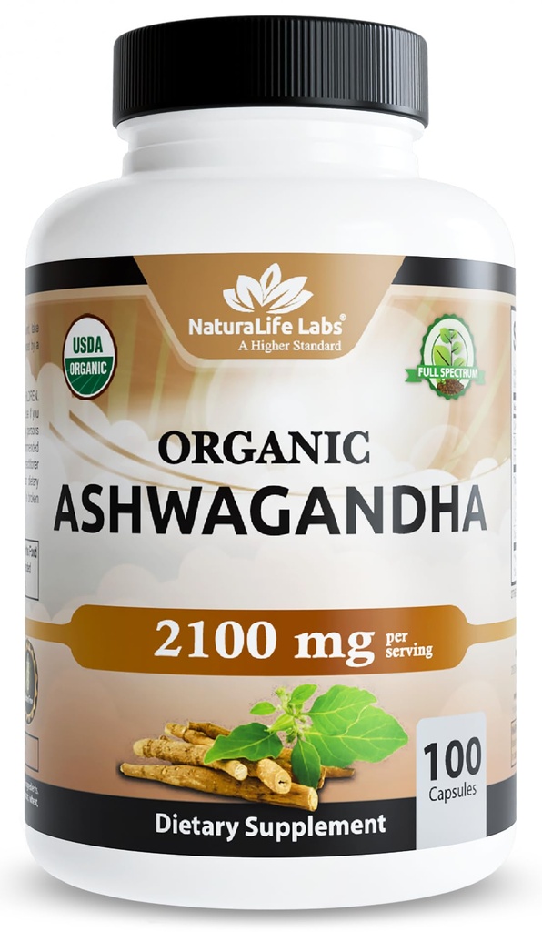 NaturaLife Labs Organic Ashwagandha 2100 mg per portion - Root Powder & Extract - 100 kapslar - Vegan, icke-GMO, glutenfri