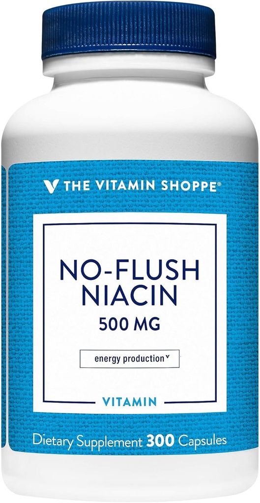 Vitamiini Shoppe Ei flush Niacin 500MG, tukee kolesterolitasoja jo normaalin alueella, tukee aineenvaihduntaa ja energian tuotantoa, kerran päivässä (300 kapselia)