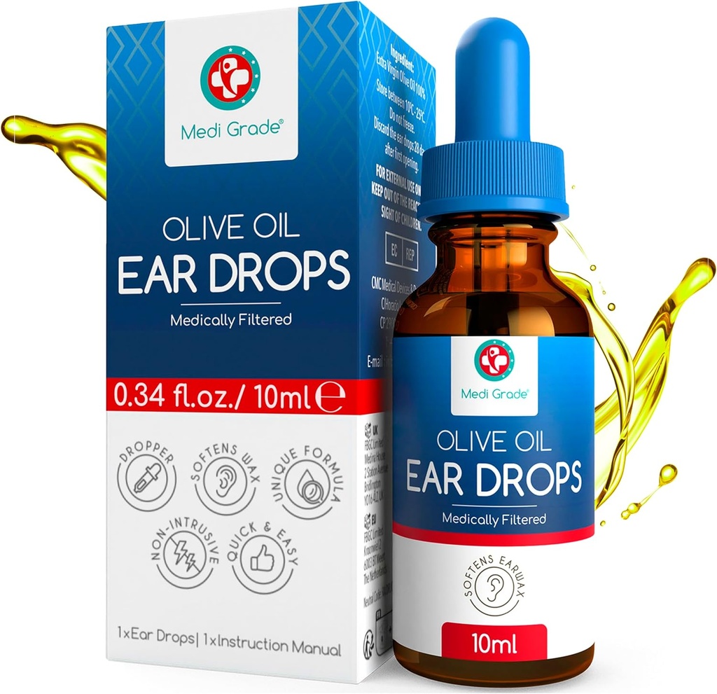 Medi Grade Olive Oil Ear Drops for Wax Removal and Blocked Ears, 10ml - 100% Natural Ear Wax Removal Drops med Pipette Dropper Softens och Removes Hardened Earwax Buildup - Avancerade Ear Wax Drops