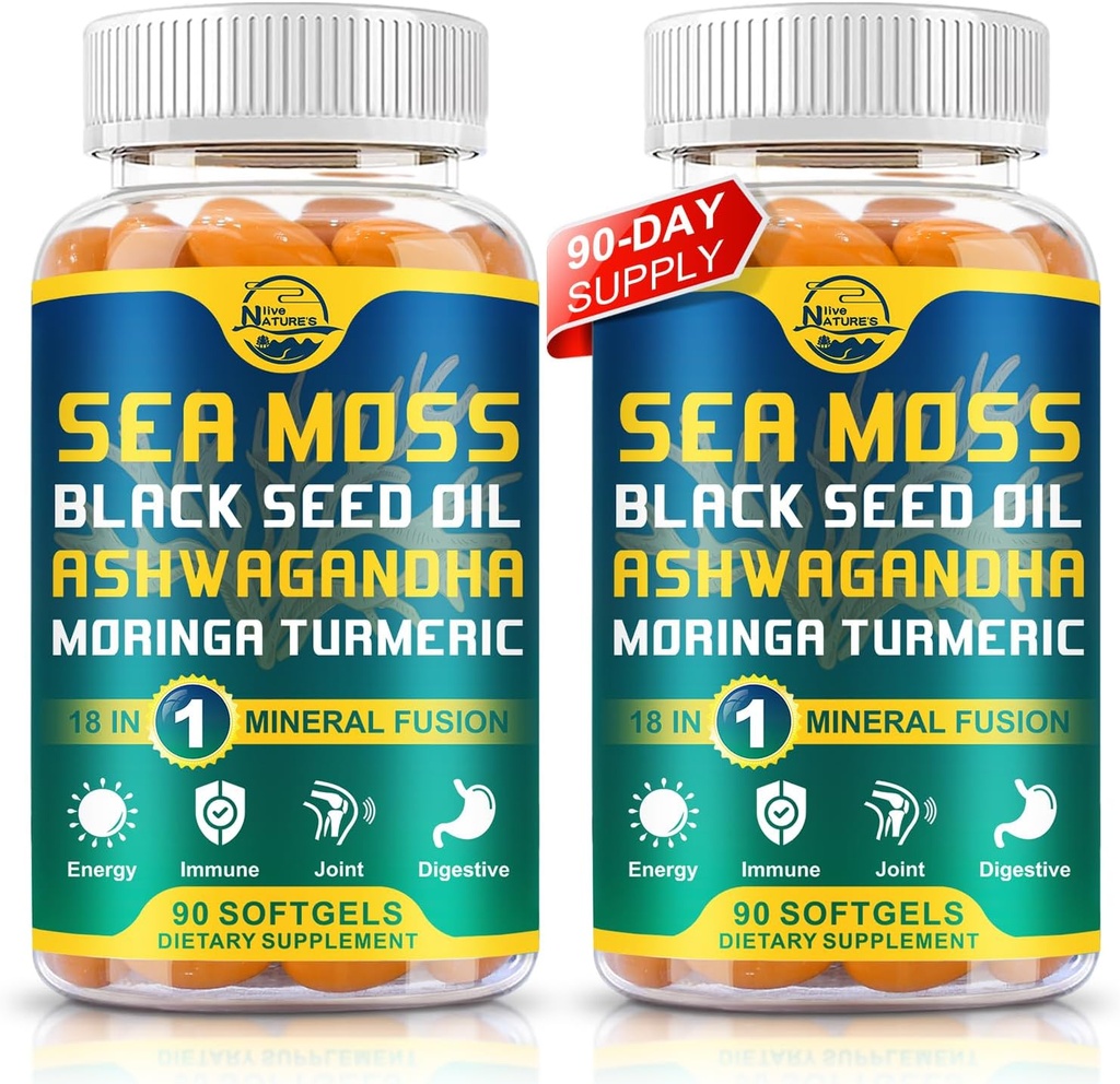 Luonnon live Organic Sea Moss Softgels with Black Seed Oil, Ashwagandha, Blackderwrack, Inkivääri, Burdock Root, Manuka Honey, kaneli immuunijärjestelmä, iho, energia, 90 Softgels, 2 pakkaus