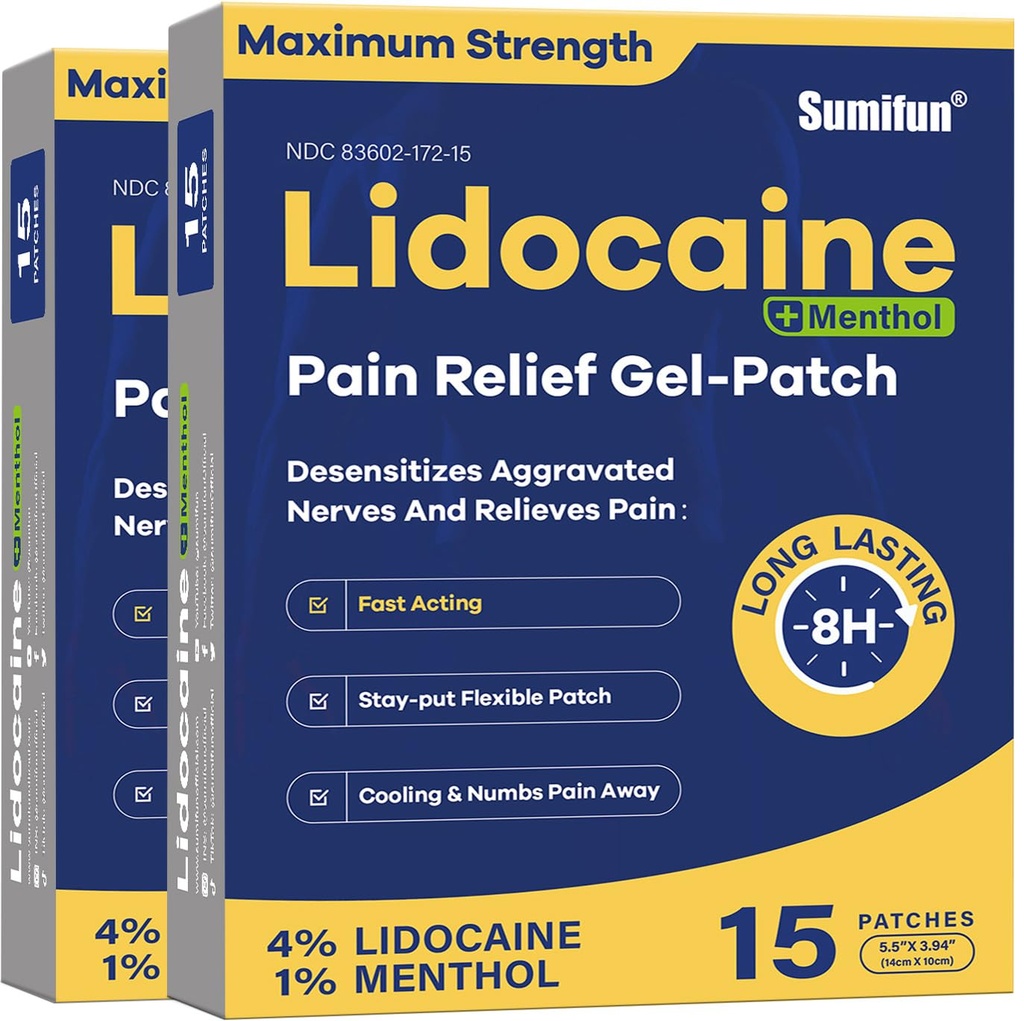 Sumifun 4% Lidocaine Patches Plus 1% Menthol - 30 räknar maximal styrka OTC-smärtlindringspatchar för Back Ache Stiff Neck Joint Pain Muscle Soreness Topical Analgesic