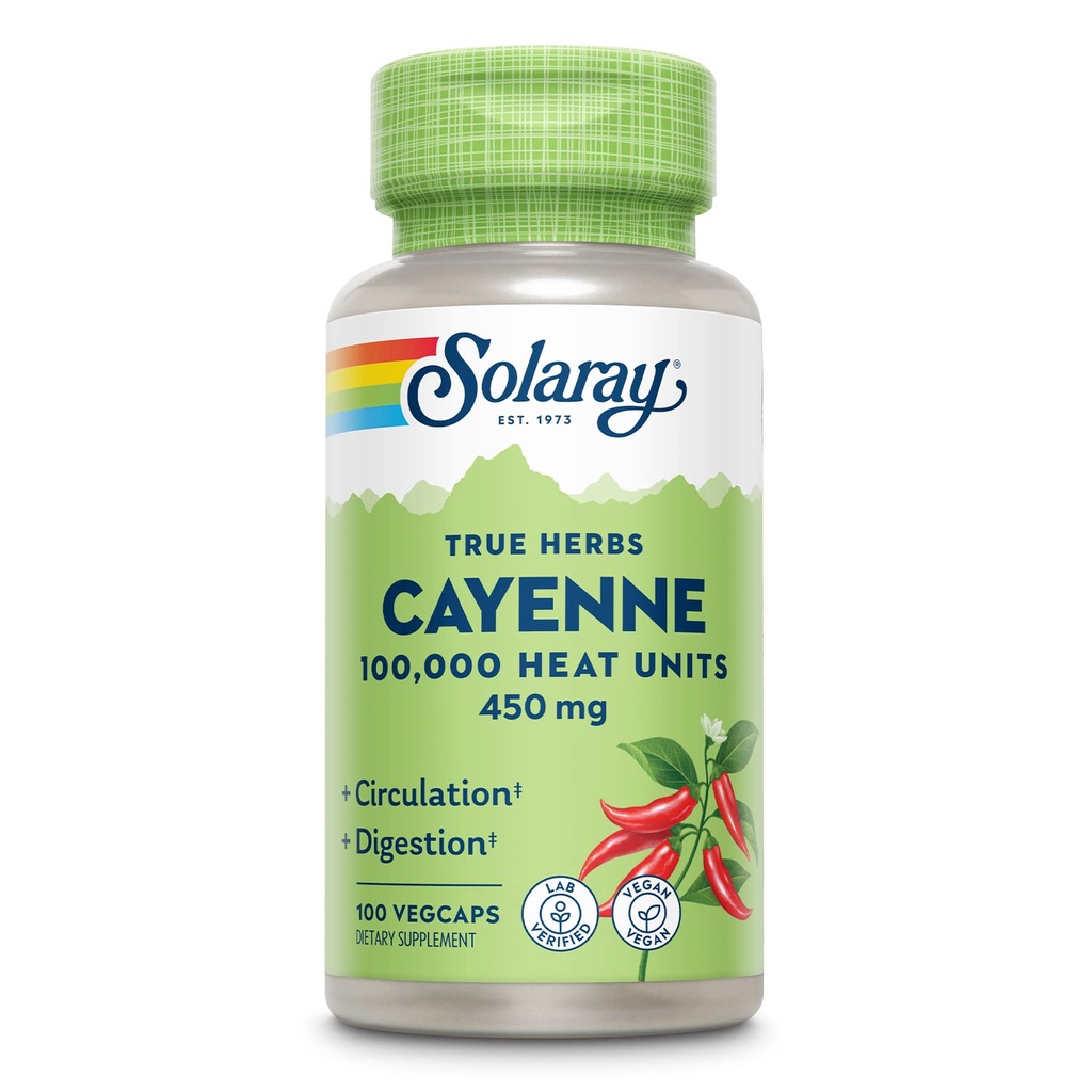 SOLARAY Cayenne Pepper 450 mg ... 100 000 lämpöyksikkö... Terveellinen digestio, verenkierto, aineenvaihdunta ja kardiovaskulaarinen tuki...