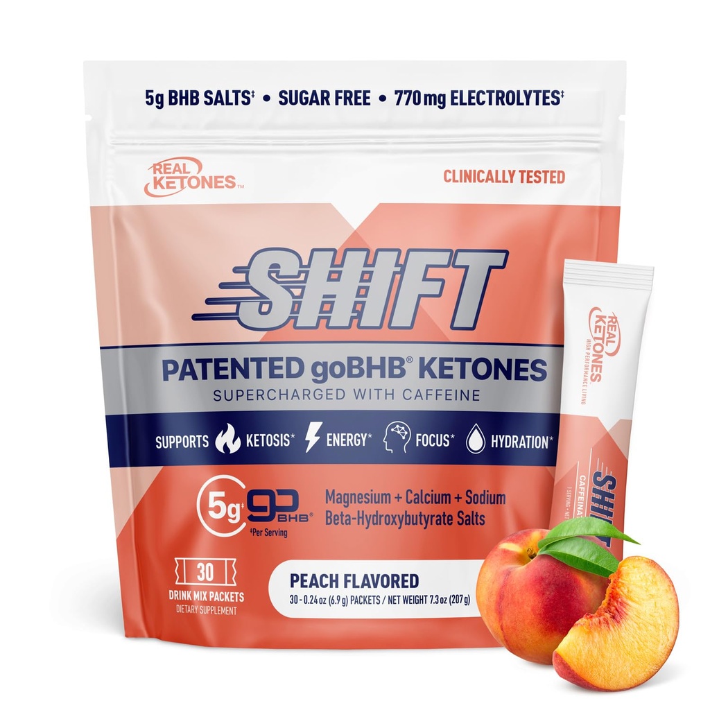 Real Ketones BHB Exogenic Ketones Drink Mix Packets Keto Electrolytes Powder Packets Ei sokeria 4 Main Fasting Electrolytes Plus Hydrating Patentoitu Keto BHB - 30 Count Persikka kofeiini