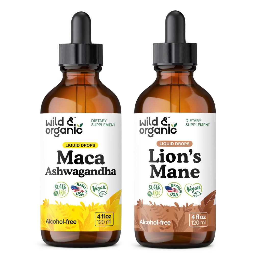 Luonnonmukainen ja orgaaninen Maca Ashwagandha Tincture 4 fl oz & Lion's Mane Tincture 4 fl oz