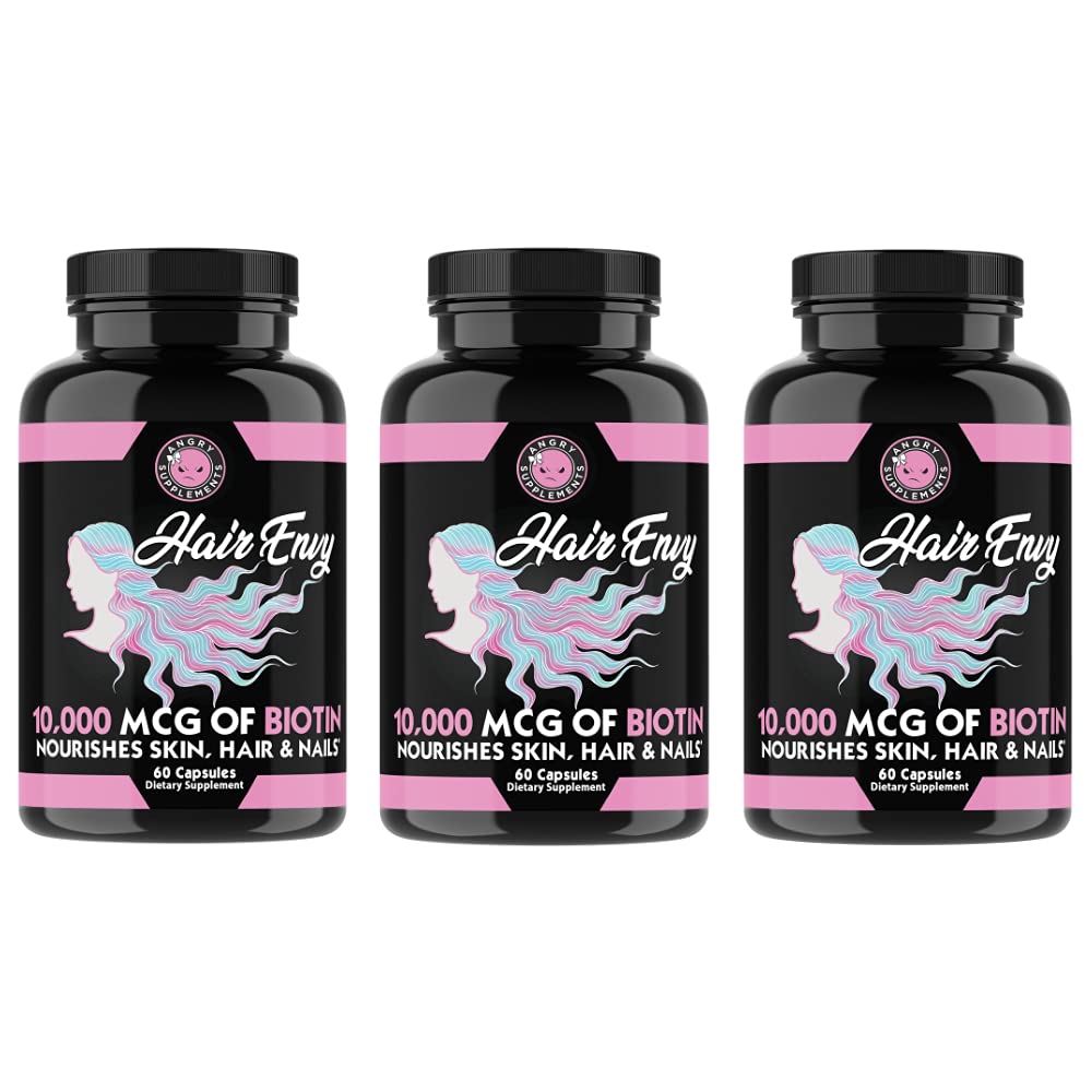 Angry Supplements Hair Avundas 10 000 mcg Biotin + Keratin, Väx + Hydrate Hair, stärka tjockna naglar, Clear & Nourish Skin - Hjälp skadat gallring hår, (3-Bottles)