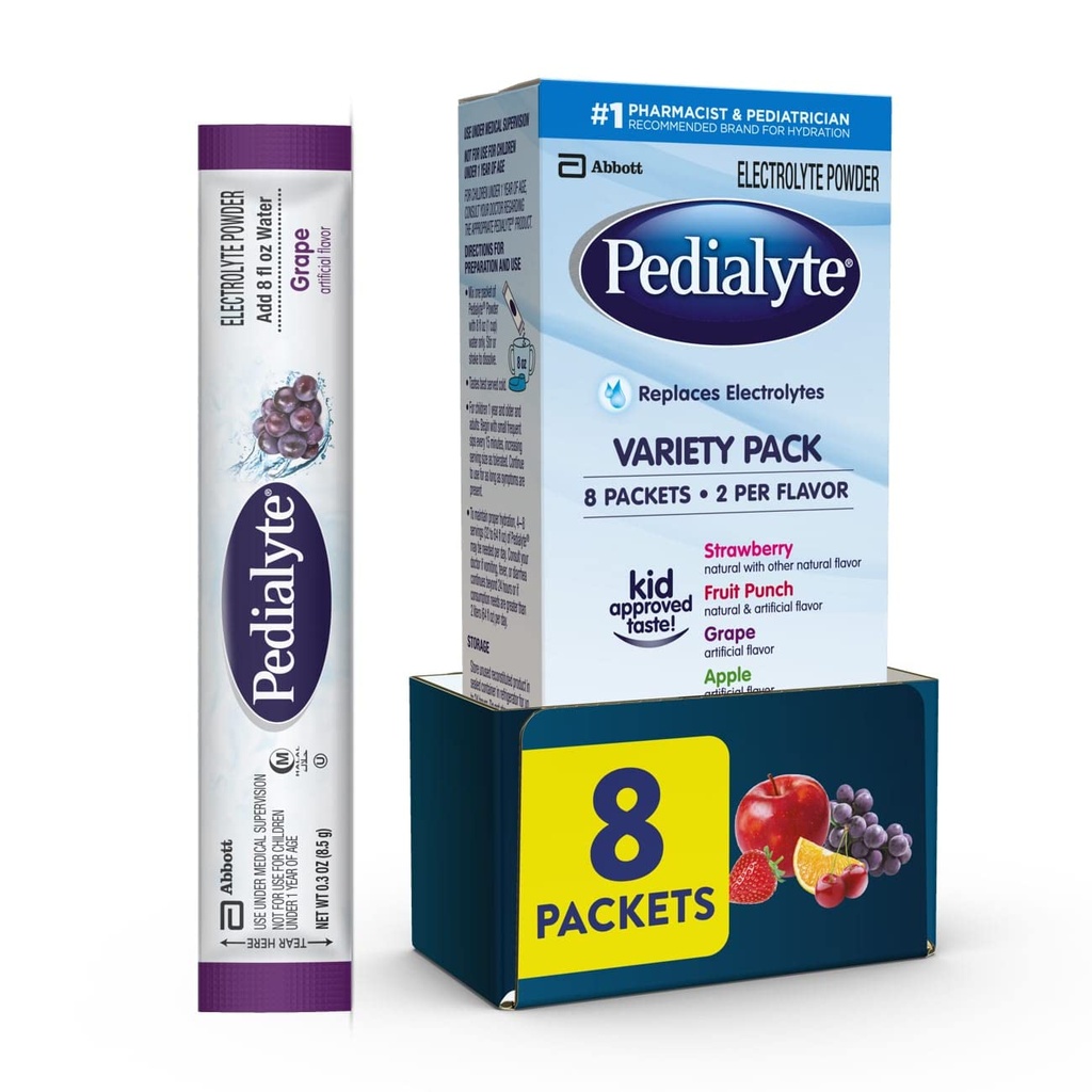 Pedialyte Electrolyte Powder ... Hydraation Drink lapsille ja aikuisille... Variety Pack: Viinirypäle, mansikkasitruuna ja appelsiini, 8 jauhepakkaa