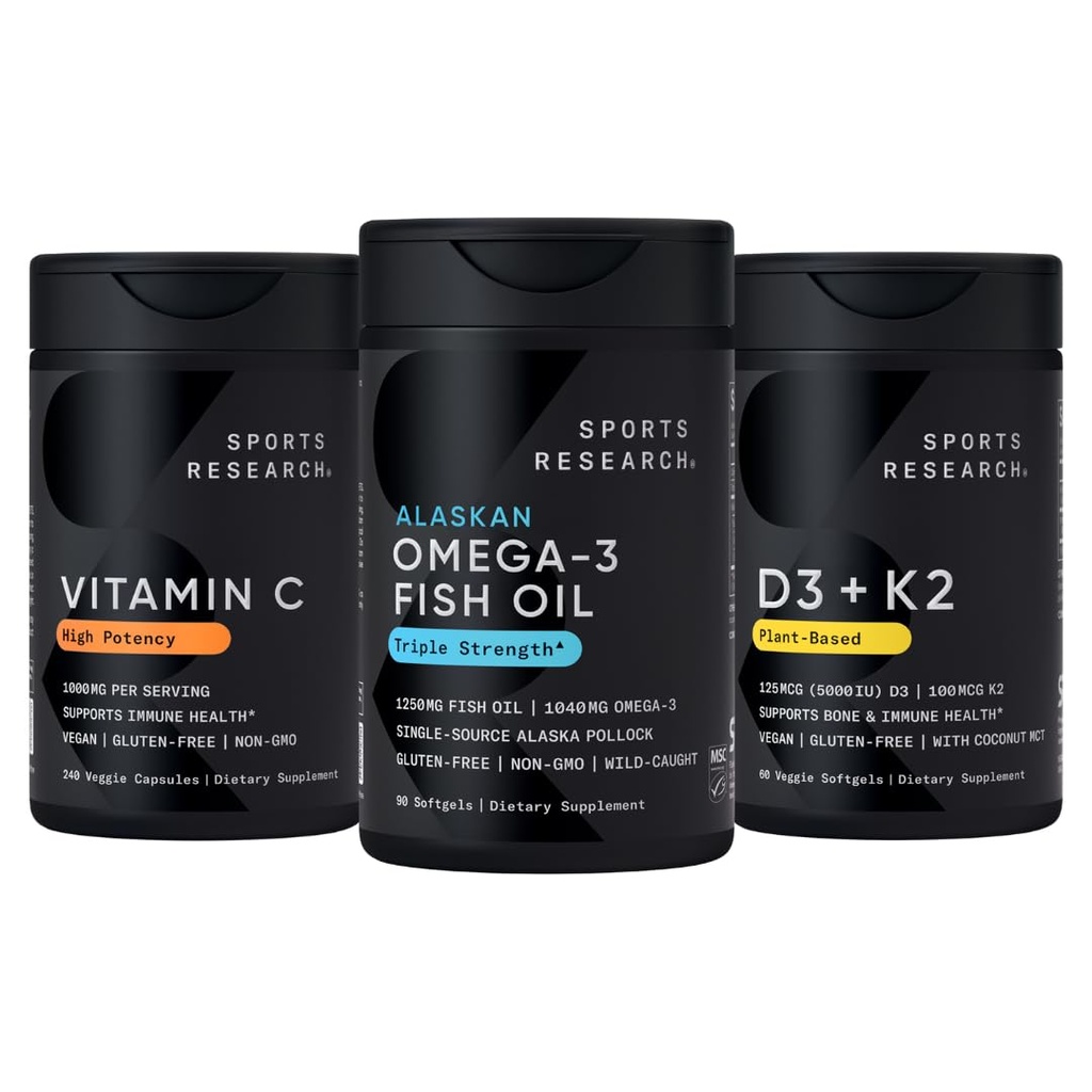 Urheilututkimus 1250 mg Omega 3 Burpless Fish Oil - Wild Alaska Pollock - (90 kreivi), High Potency Vegan C-vitamiini 1000 mg (240 kreivi) + Vegan 55000iu D-vitamiini 100 mcg Mk7 K-vitamiini (60 kreivi)