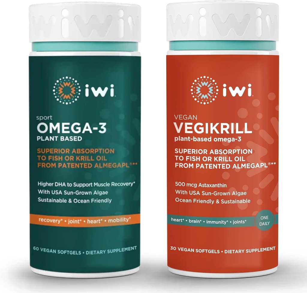 Iwi Omega-3 Sport & Vegikrill Omega-3 Bundle, 30 portioner, Vegan Plant-Based Algae Omega 3 med EPA + DHA, Krill & Fish Oil Alternative, No Fishy Aftertaste