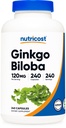 Nutricost Ginkgo Biloba 120mg, 240 kapselia - Extra Strength Ginkgo Biloba Extract - Gluteeniton & ei-GMO