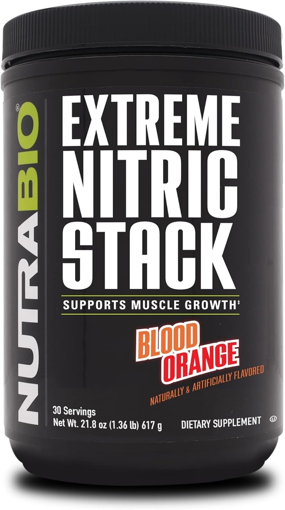 NutraBio Extreme Nitric Stack, Typpioksidi ja Cell Volumizing Formula 30 Servings (Blood Orange)