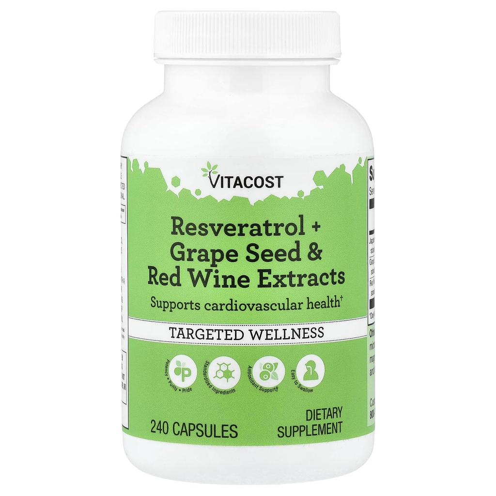 Vitacost Resveratrol + Rypälesiemen- ja punaviiniuutteet -- 240 kapselia