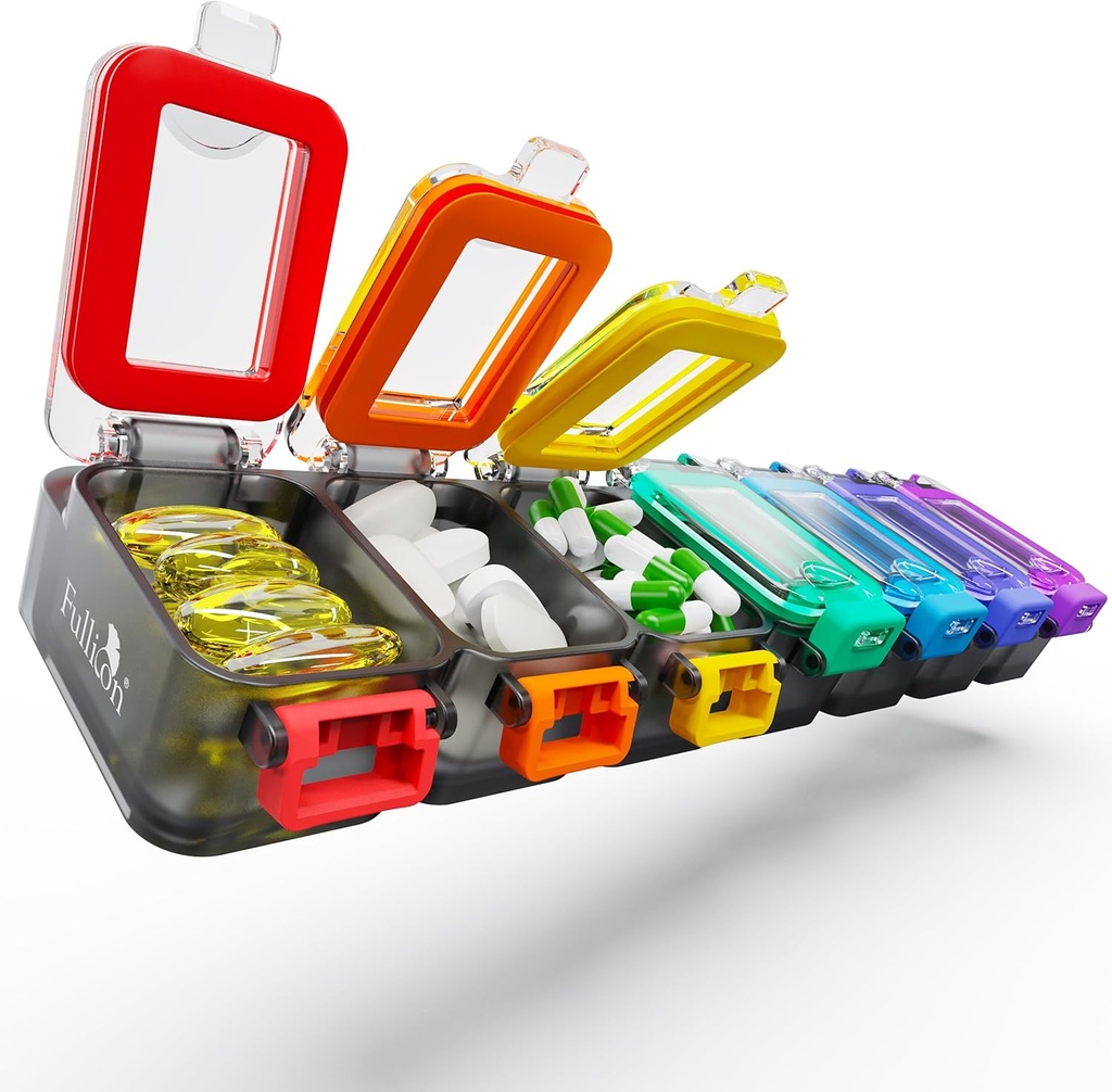 Fullicon Weekly Pill Organizer 7 Day Ultra Moisture och Spill Proof Daily Pill Box, Stor Medicin Fall med Säker Buckle, Compact Travel Pill Container för Pill, Vitamin och Fish Oil (Rainbow Black)