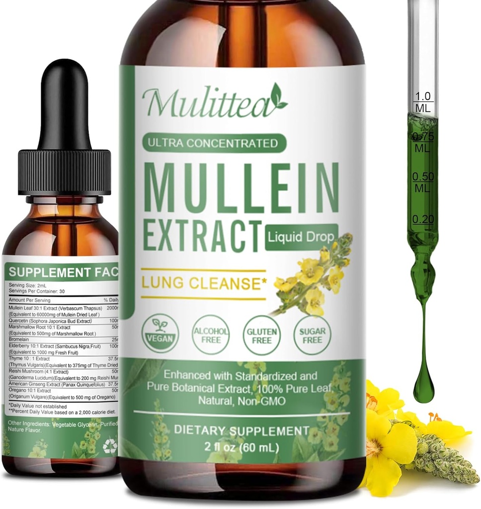 Mullein Drops för Lungs & Lymphatic Drainage - Lung Cleanse & Detox- Vegan Mullein Leaf Extract Support Immune,Respiratory Digestive -9 Potent Herbal Supplement to Renew - As Liquid