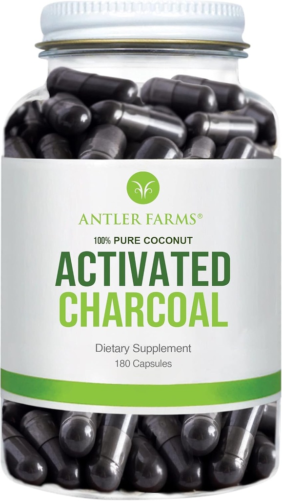 Antler Farms - 100% Pure Coconut Activated Charcoal, 180 Capsules 260mg - Wild Harvested, Virgin Coconut Shell, USP Food Grade, Steam Aktiverad, Ultra Fine
