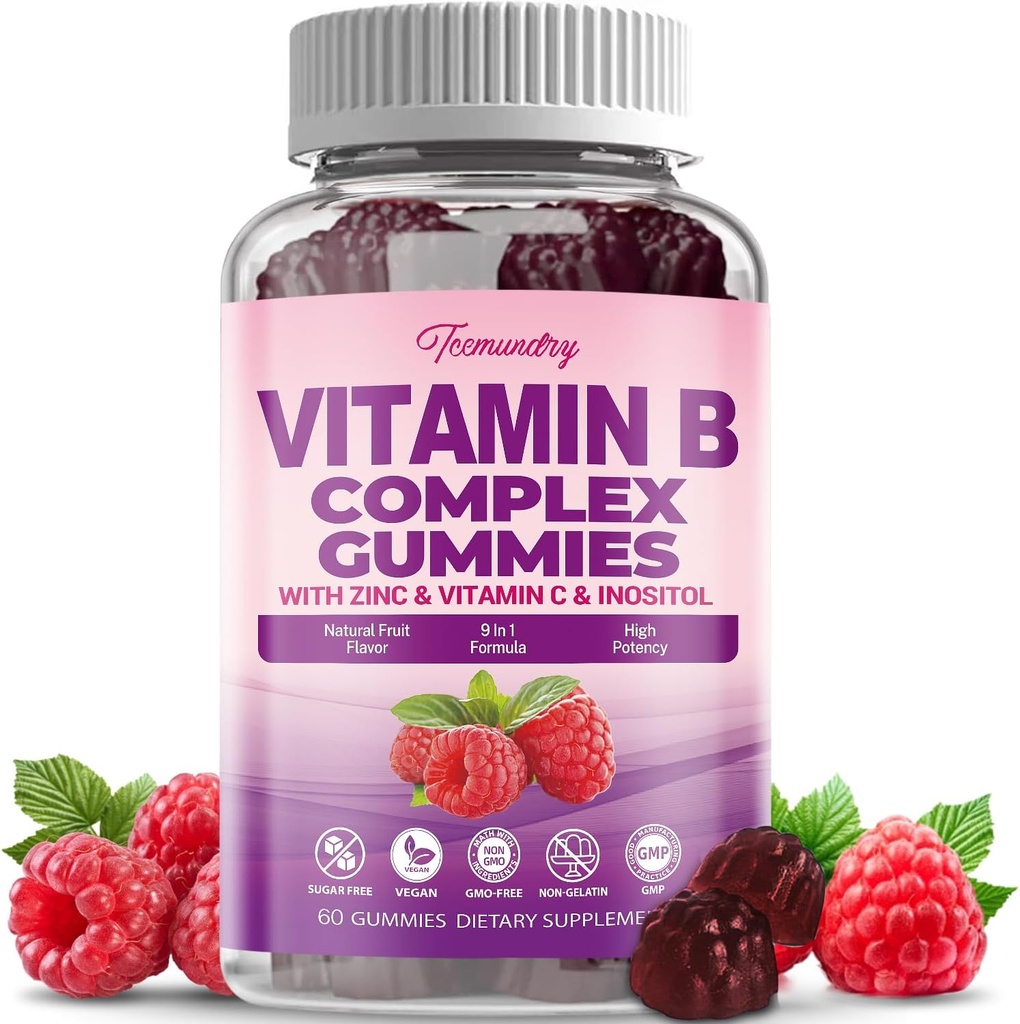 Sokeriton B-vitamiini Complex Gummies naisille - Vegaani b-vitamiinit Complex metyyli B12, Metyyli Folaatti - Plus C-vitamiini, sinkki, inositoli - Tukee energiaa, immuuni, terveet hiukset, iho (60 kreivi)