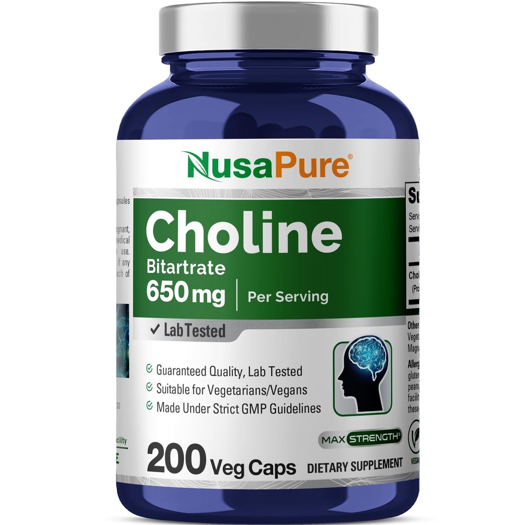 NusaPure Choline Bitartraatti 650 mg 200 Kasviskapselia (kasvissyöjä, ei-GMO, Vegan)
