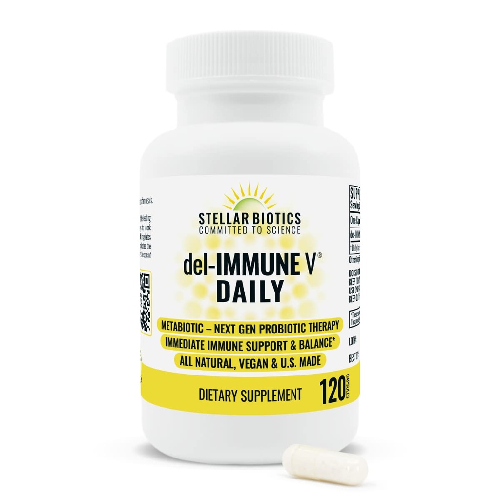 Del-Immune V® Daily by Stellar Biotics, All-Natural Immune Support & Gut Health, välitön hoito, Metabiootti: NextGen Probiotic Therapy (120 Caps)