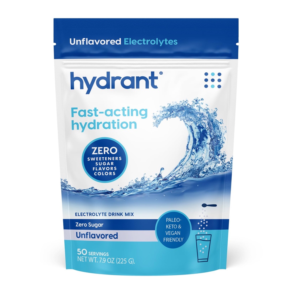 Hydrant - Bulk Hydration Powder, makuamaton, 50 tarjoilua Nopeasti toimivat Elektrolyytti nesteytys Powder - Zero Sokeria Makuton Drink Mix päiväkäyttöön, Matkustaa ja harjoitella