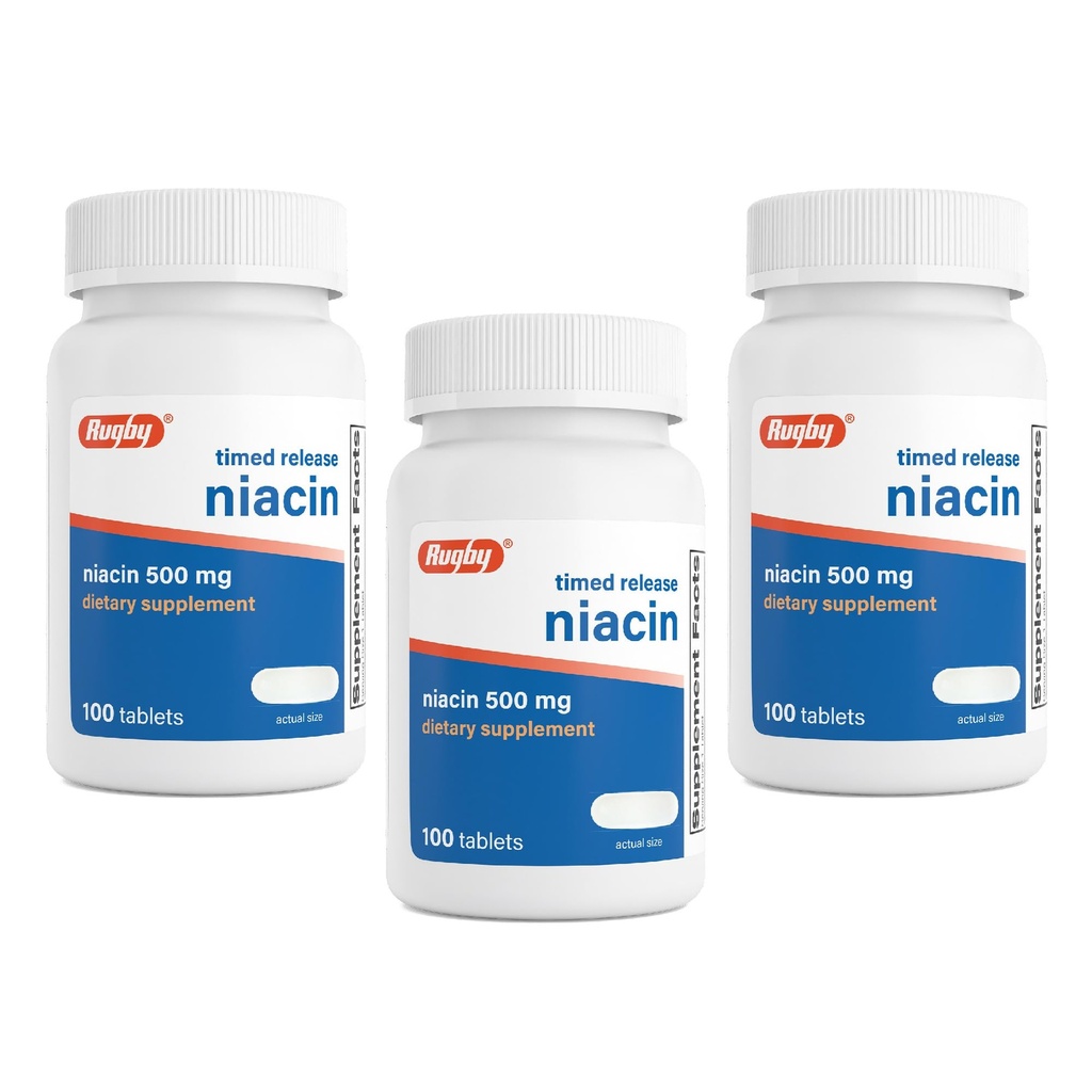 Rugby Timed-Release Niacin 500mg med 28mg Kalcium, Kosttillskott för energi, cirkulation och Metabolism Support, 100 tabletter (3 Pack)