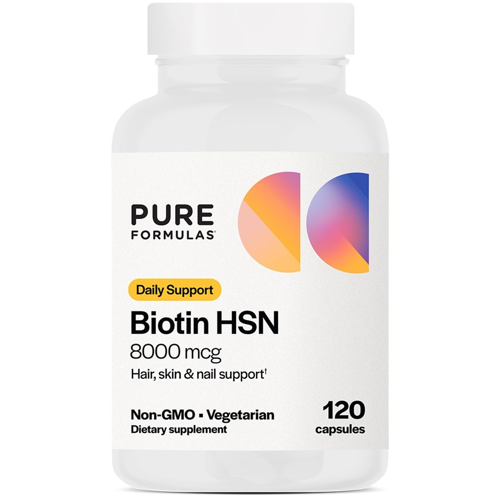 PureFormulas Biotin 8000 mikrog Hiusten ihokynsit Biotina, Biotin hiusten kasvuvitamiinit B7 täydentää naisille ja miehille 120 kapselia