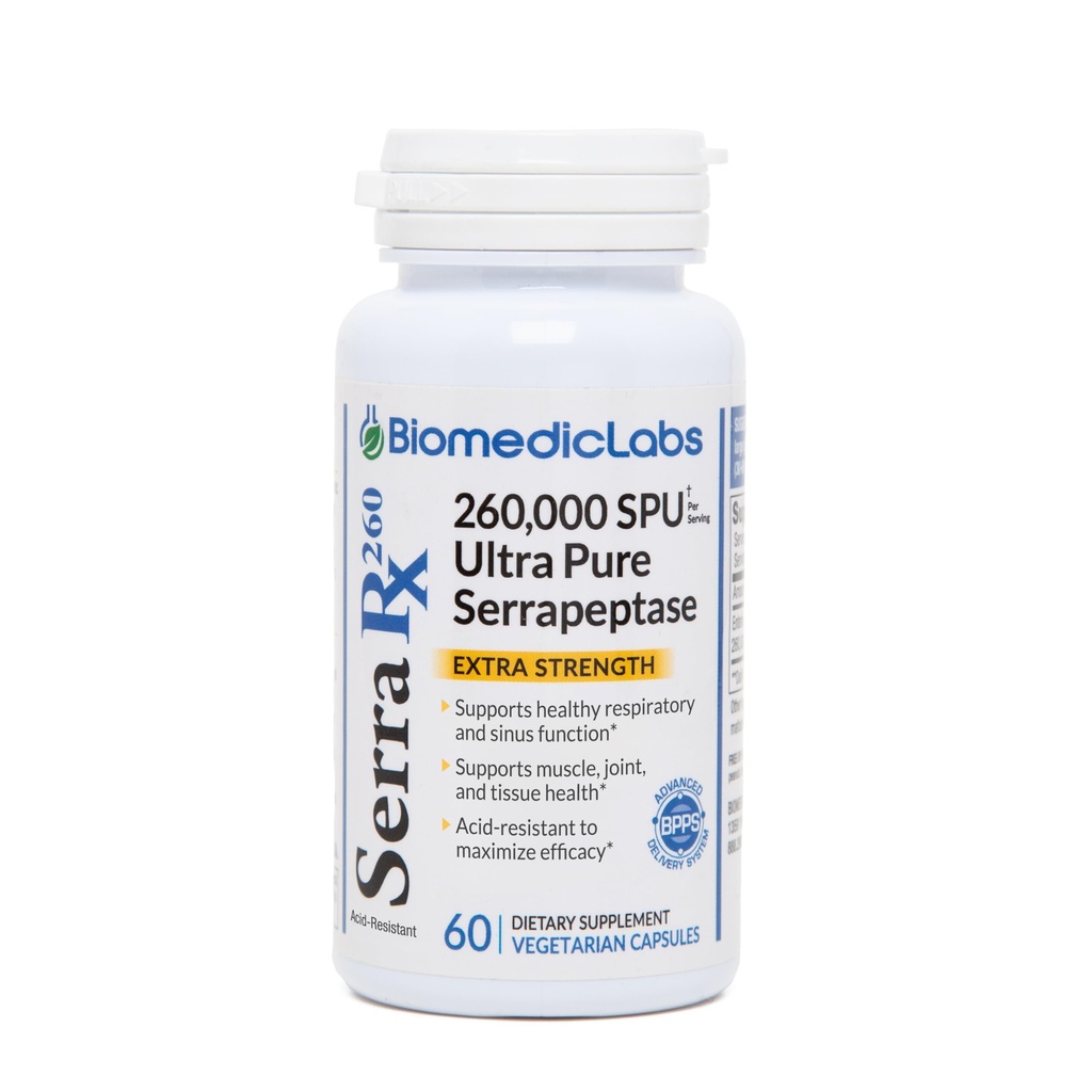 Serra-RX 260 000 SU Serrapeptaasi -Acid- Resistant Proteolyyttinen Systemic Enzyme, ei-GMO, Gluteeniton, Vegan, tukee Sinus, Immuno & Lung Health, 60 Veg kapselia
