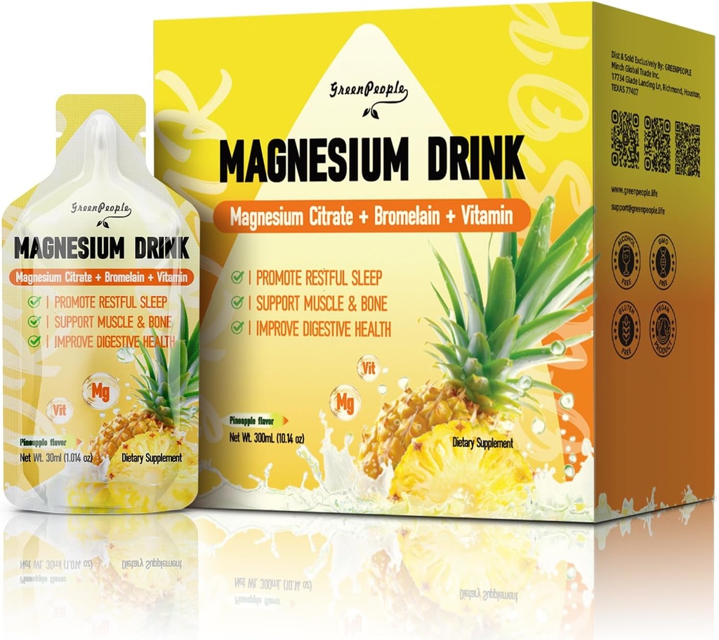 GREENPEOPLE 7-in-1 Magnesiumsitraatin neste, magnesiumsitraatin lisäravinteet Juo 280 mg magnesiumia, sinkkiä, bromia, C-vitamiinia D3 B6, lihaksia ja unta tukea lapsille ja aikuisille, 1 fl.Oz (10 kpl)