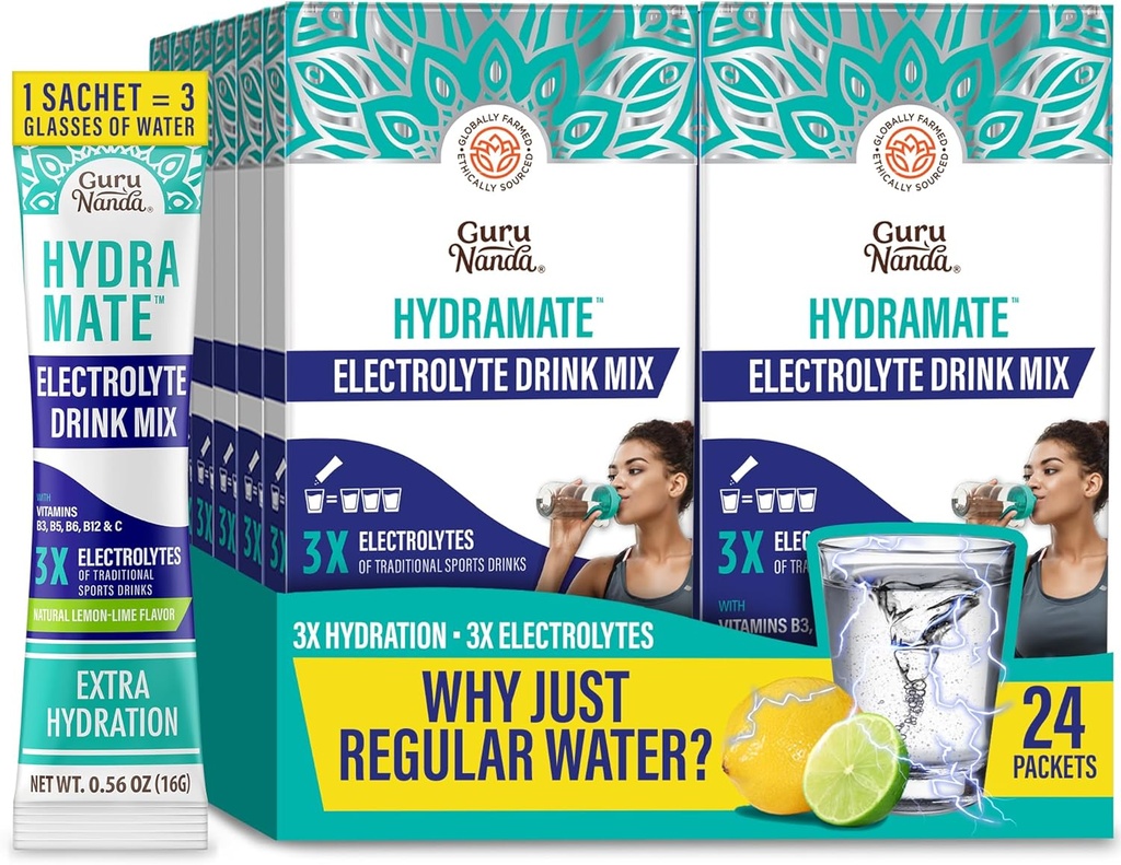 GuruNanda Hydramate Hydrataatio Tuki Drink Mix - Elektrolyytti Powder Packets for Dehydration, Harjoitus ja energia - Ei lisättyä makeuttajat, ei-GMO, luonnon sitruunan lime Flavor - 24 Count (0,56 oz Each)