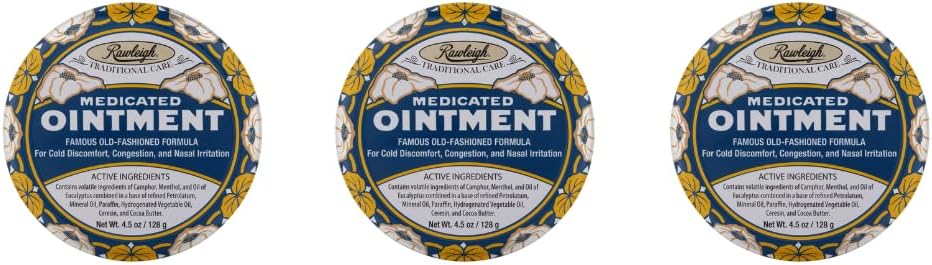 Rawleigh Medicated Ointment: 4.5 oz Blue Tin, Topical Chest Rub för Cold, Nasal Congestion, Minor Aches och Pain, med Camphor, Menthol & Eucalyptus, Non-Greasy Formel - Pack av 3