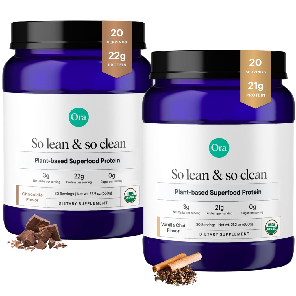 Ora Organic Vegan Protein Powder Vanilla Chai & Chocolate Bundle: 21g Plant Based Protein Powder, Vanilla Chai smak, 20 portioner + 22g Plant Based Protein, Chocolate Flavor, 20 portioner