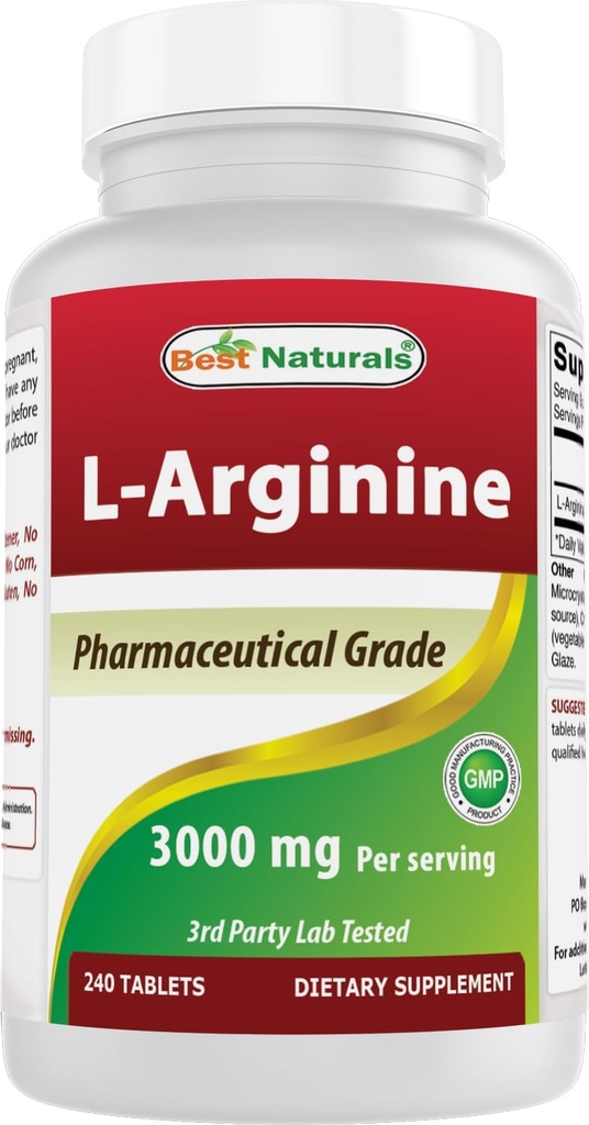 Best Naturals L-arginiini 3000mg Per Serving - 240 tablettia - Pharmaceutical Grade - Ei-GMO & Gluteenittomat - Valmistettu Yhdysvalloissa
